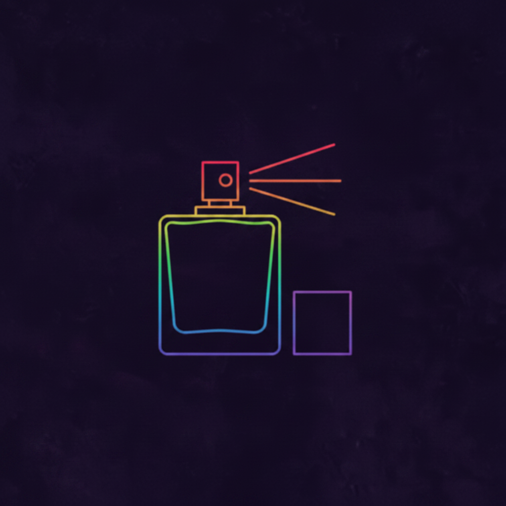 Neon outline cologne bottle spraying mist with cap beside it on dark background