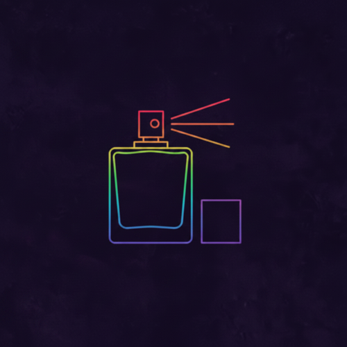 Neon outline cologne bottle spraying mist with cap beside it on dark background
