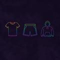 Neon outline icons of a hoodie, shirt, and shorts on dark background