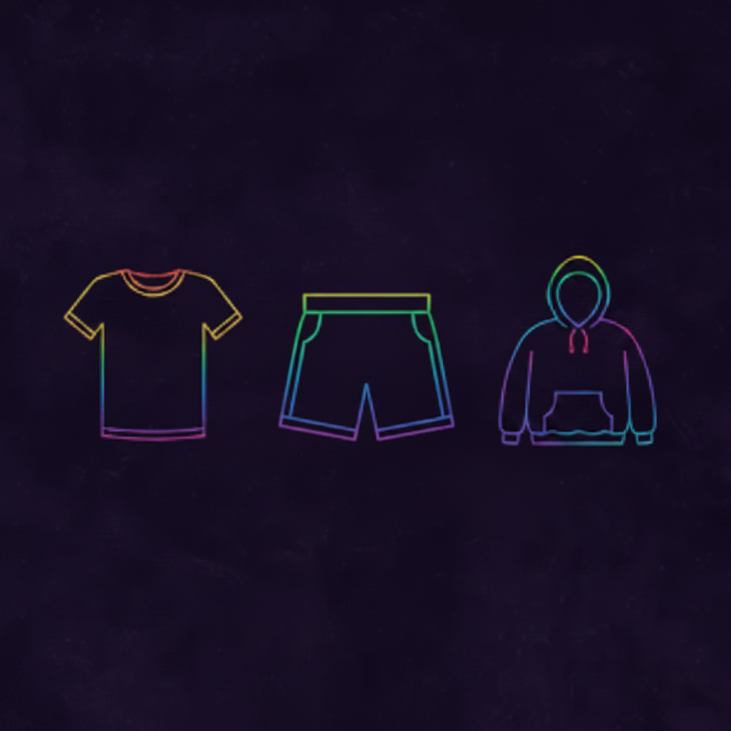 Neon outline icons of a hoodie, shirt, and shorts on dark background