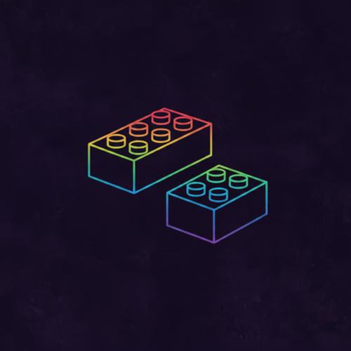 Neon outline big and small LEGO bricks on dark background