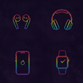 Neon outline icons of AirPods, AirPods Max, iPhone and Apple Watch in a 2x2 grid on dark background