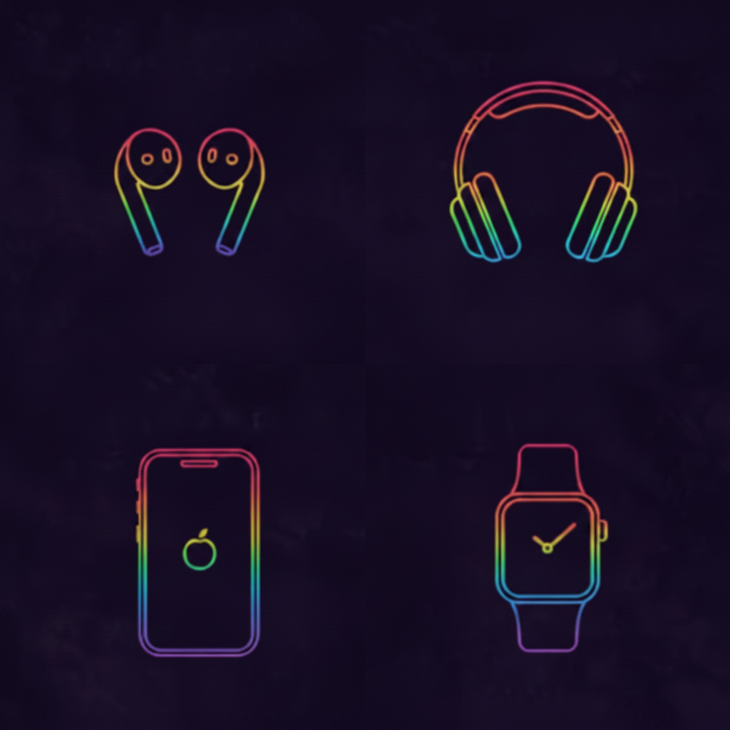 Neon outline icons of AirPods, AirPods Max, iPhone and Apple Watch in a 2x2 grid on dark background