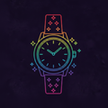 Neon outline luxury diamond watch icon on dark background