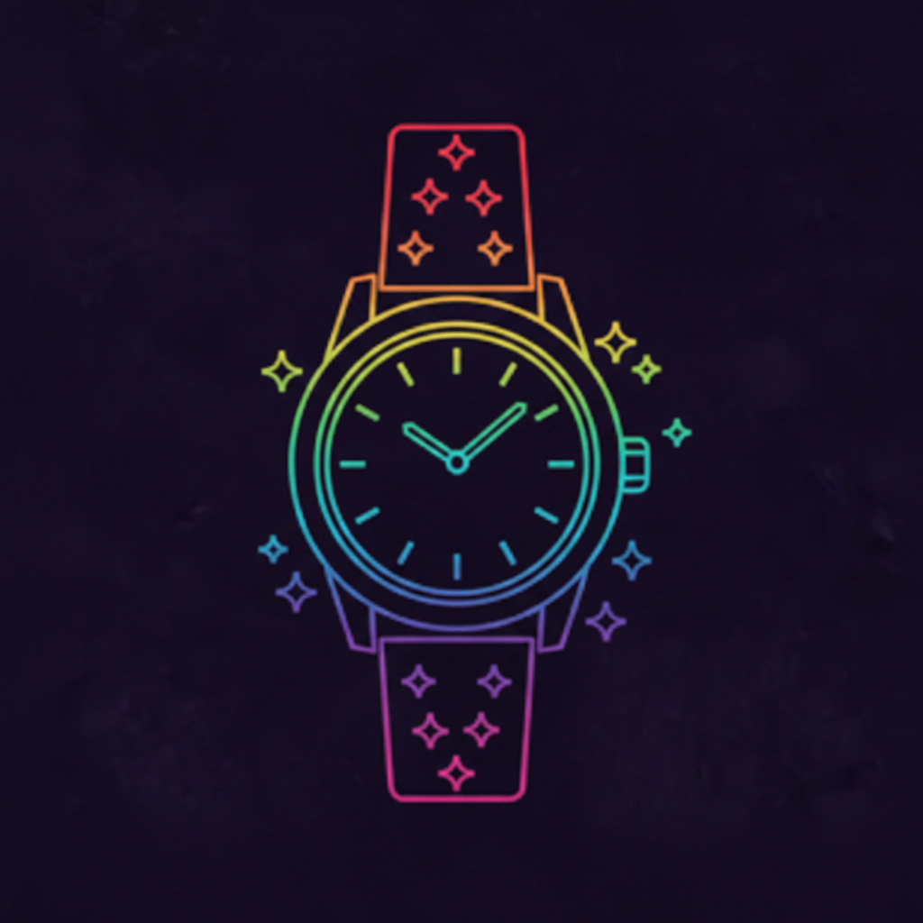 Neon outline luxury diamond watch icon on dark background